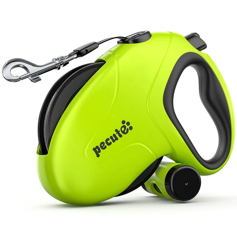 Pecute Laisse Rétractable 32ft – Anti-Tangle 360°, Frein Bouton, Bandes Réfléchissantes