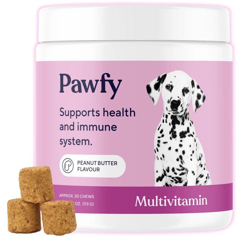Pawfy – Multivitamines 15 en 1 pour chiens | Santé générale, peau et pelage | Suppléments seniors et chiots – 30 comprimés