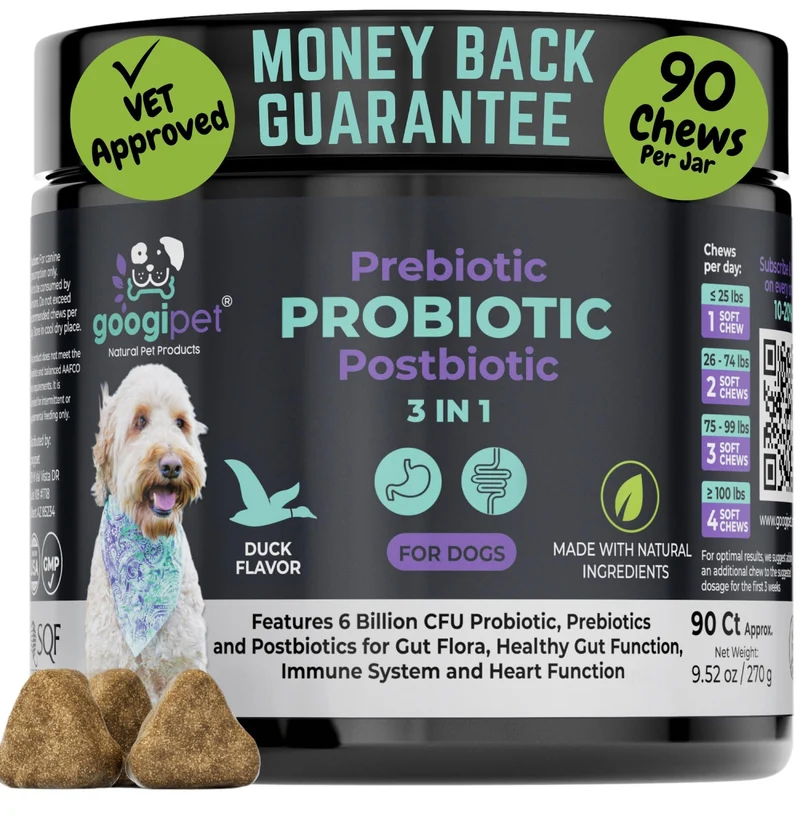 Googipet Probiotiques pour Chiens – Santé digestive avec prébiotiques et probiotiques en bouchées canard