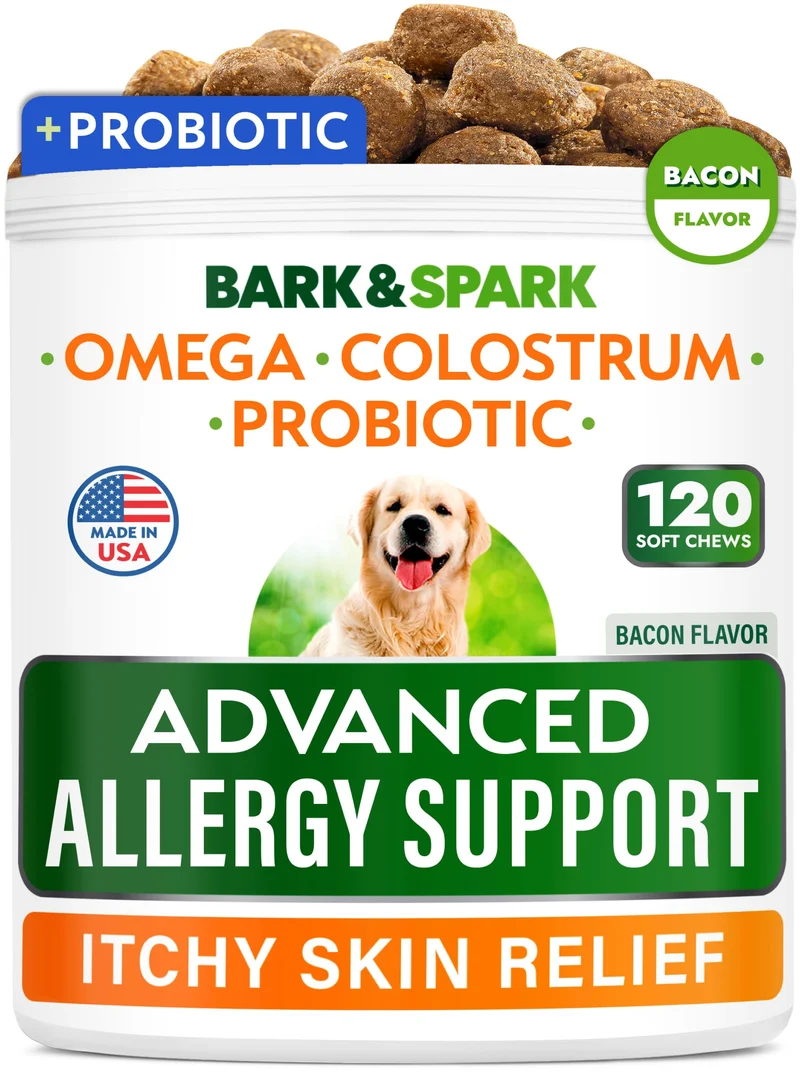 BARK&SPARK Friandises anti-allergies avancées pour chiens – Peau saine, allergies saisonnières, bacon, 120 bouchées