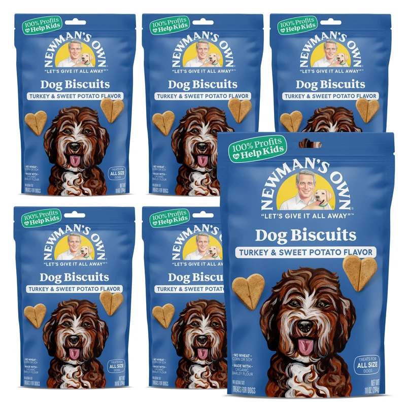 Newman's Own Dinde et Patate Douce – Biscuits pour Chien, Lot de 6 sacs de 10 oz, Croquants au Four, Bio, Sans Blé Maïs Soja, Friandises d'Entraînement