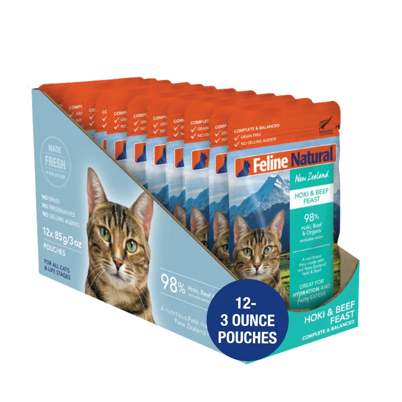 Feline Natural Pâté Humide pour Chat – Hoki & Boeuf (Nouvelle-Zélande), Sans Céréales, Pack de 12 sachets 3 oz