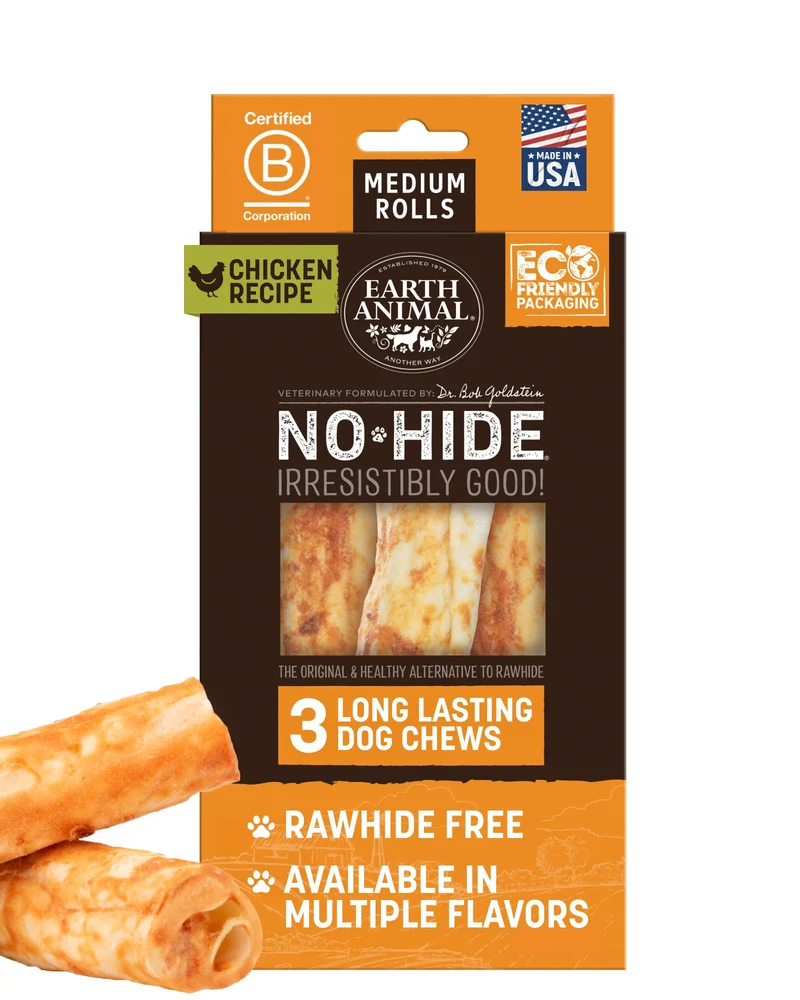 Earth Animal No-Hide Chews – Rouleaux médium sans cuir au poulet, pack 3