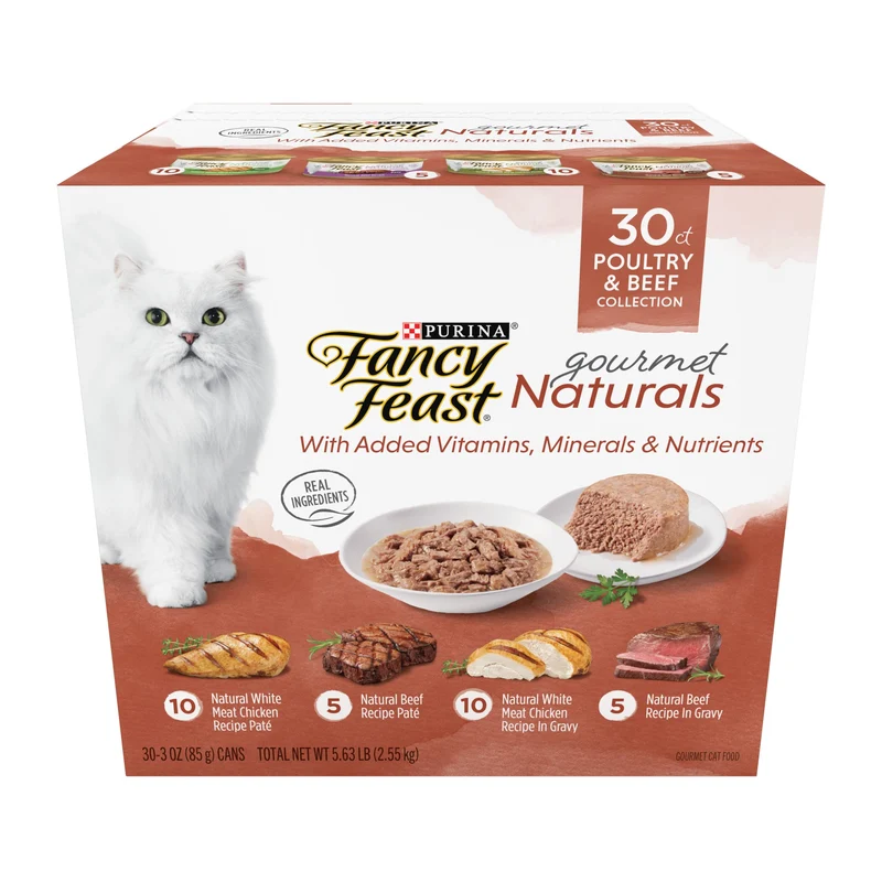 Fancy Feast Gourmet Naturals – Variété humide pour chat adulte (Poulet et Boeuf), Pack de 30 × 3 oz