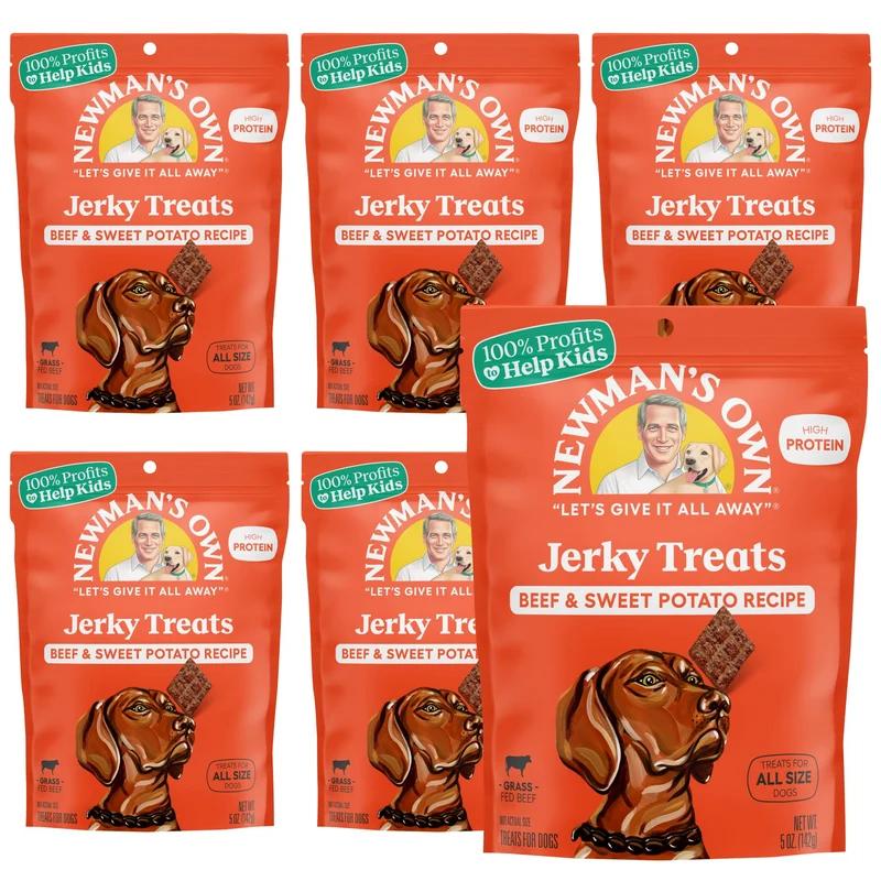 Newman's Own Friandises jerky au bœuf et patate douce pour chien — Lot de 6 sachets de 5 oz (142 g), haute protéines, sans céréales, premier ingrédient boeuf nourri à l’herbe, récompenses d'entraînement moelleuses