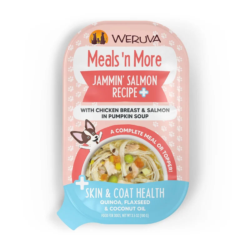 Weruva Meals ’n More Naturel pour Chien – Jammin' Saumon + Peau et Poil, Cup 3,5oz (Lot de 12)