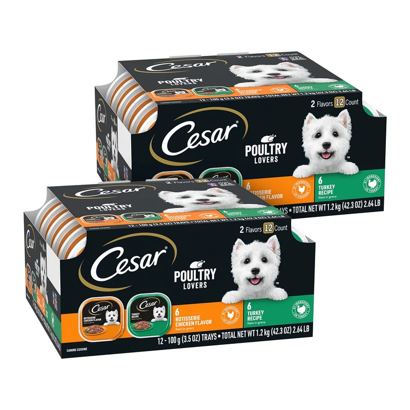 Cesar Filets en Gravy – Pack Variété Chiens Adultes (Poulet Rotisserie et Dinde), 3,5 oz, Plateaux à Ouverture Facile, 12 portions (pack de 2)