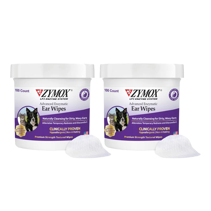 ZYMOX Lingettes Auriculaires Enzymatiques Avancées pour Chiens et Chats – Nettoyage Premium Sans Irritation, Hypoallégéniques (100 Lingettes × 2)