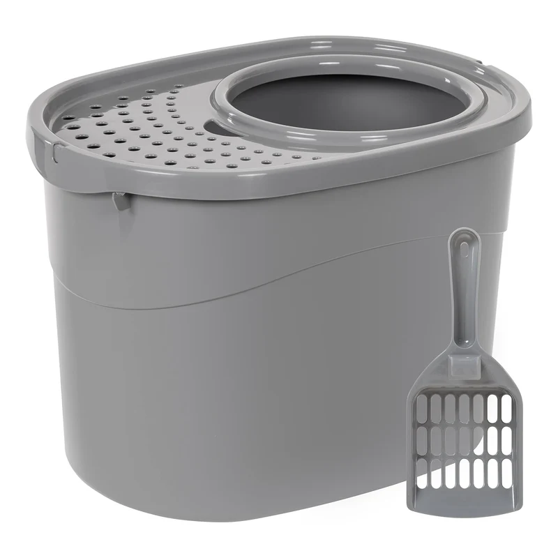 Amazon Basics Bac à litière pour chat – Hauts côtés, Entrée par le haut, Pelle incluse, Gris