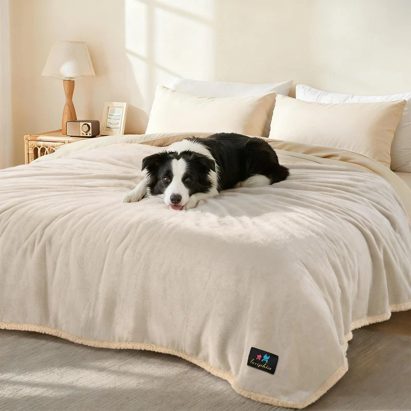 Luciphia Couverture Impermeable pour Animaux – Protège-Sofa et Lits, Reversible Sherpa, Lavable en Machine, Gris Beige XXL (216 x 145 cm)