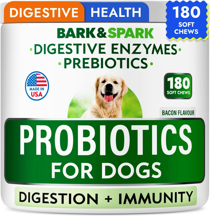Bark&Spark Probiotiques & Enzymes pour Chiens – Digestion, Allergies et Peau – 180 Bouchons Saveur Bacon
