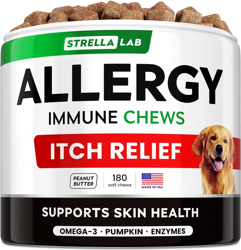 StrellaLab Chien – Soulagement des allergies et démangeaisons avec Omega-3 | Soin peau et immunité – 180 friandises