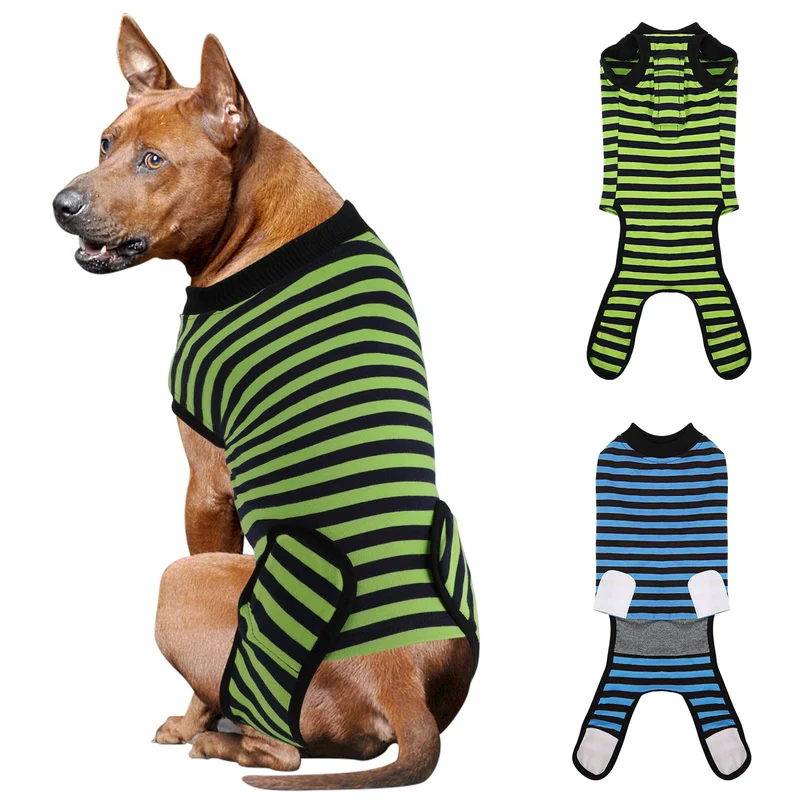 QUEARN 2 Packs Combinaisons de Récupération pour Chien en Coton Respirant – Bleu & Rayures Vertes, Taille XL