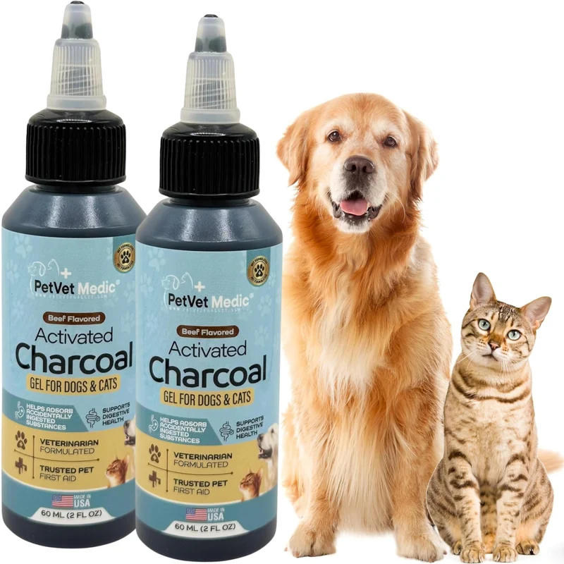 PetVet Medic – Gel Charbon Actif Aromatisé pour Chiens et Chats (60 ml, Lot de 2) – Premiers Soins et Absorption desToxines
