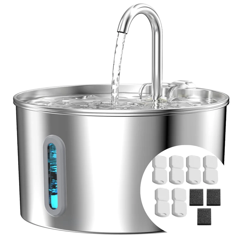 KOOGMOON Fontaine d’eau pour chat en acier inoxydable 2,2 L – Filtration quadruple