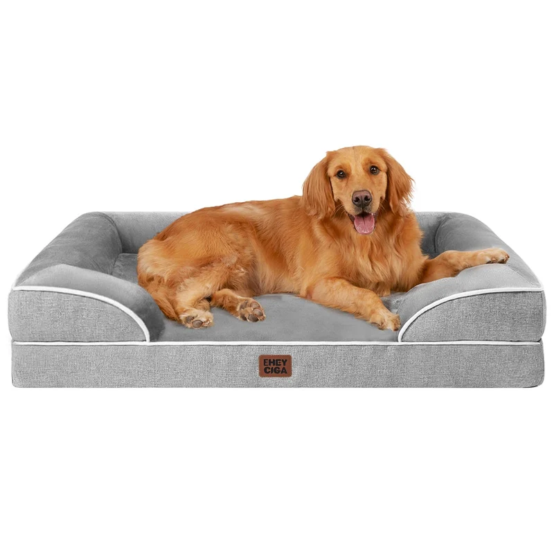 Lit Chien Orthopédique Grand Modèle EHEYCIGA – Mousse Mémoire, Housse Imperméable et Rebords Pelucheux, Gris