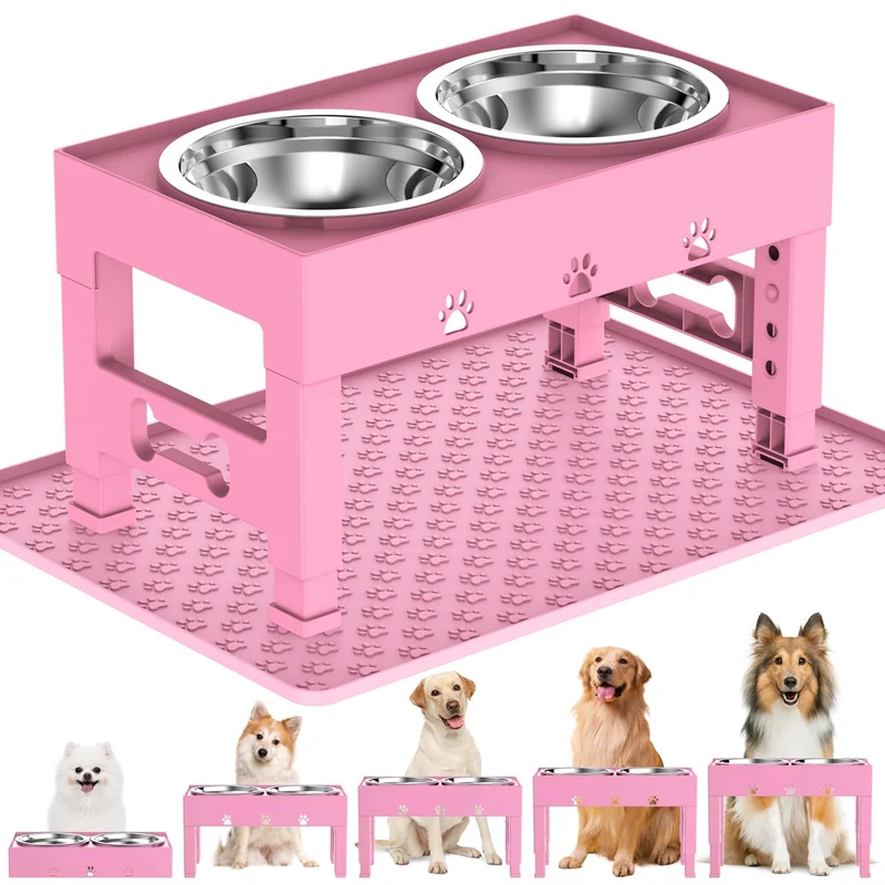 LAKIPETN Gamelles Surélevées avec Tapis Rose – 5 Hauteurs Ajustables, Bol Inox Détachable, Anti-Glisse pour Chiens Moyens et Grands