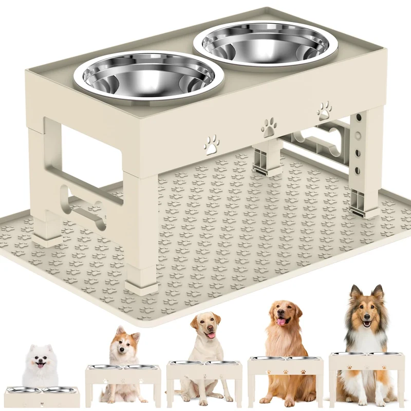 LAKIPETN Gamelles pour chien sur socle élevé – Hauteur réglable, anti-glisse, 2 bols en inox