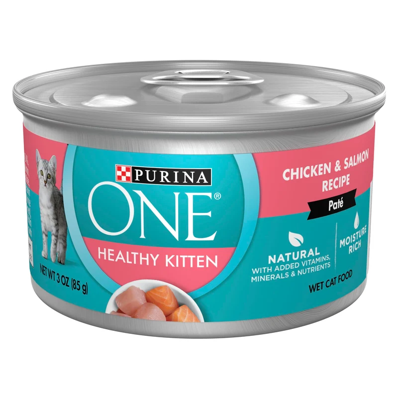 Purina ONE Pâté chaton sans céréales – Poulet et Saumon, Lot de 24 boîtes de 85 g