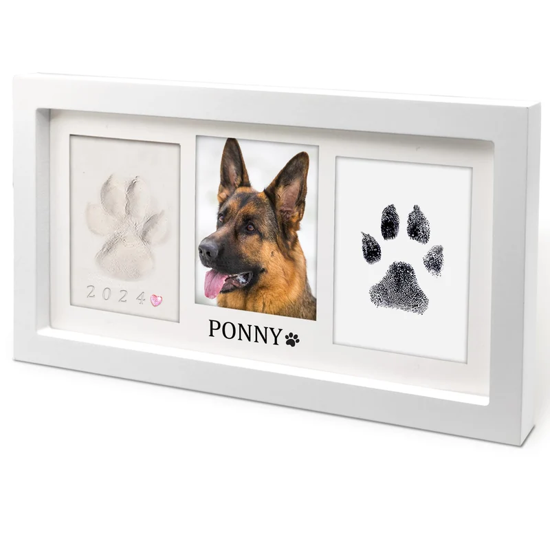 MYPAWLETS Cadre Empreinte Patte Extra Grande – Kit Empreinte Chien et Chat, Argile Douce & Tampon Propre, Cadre Mémorial Bois Blanc