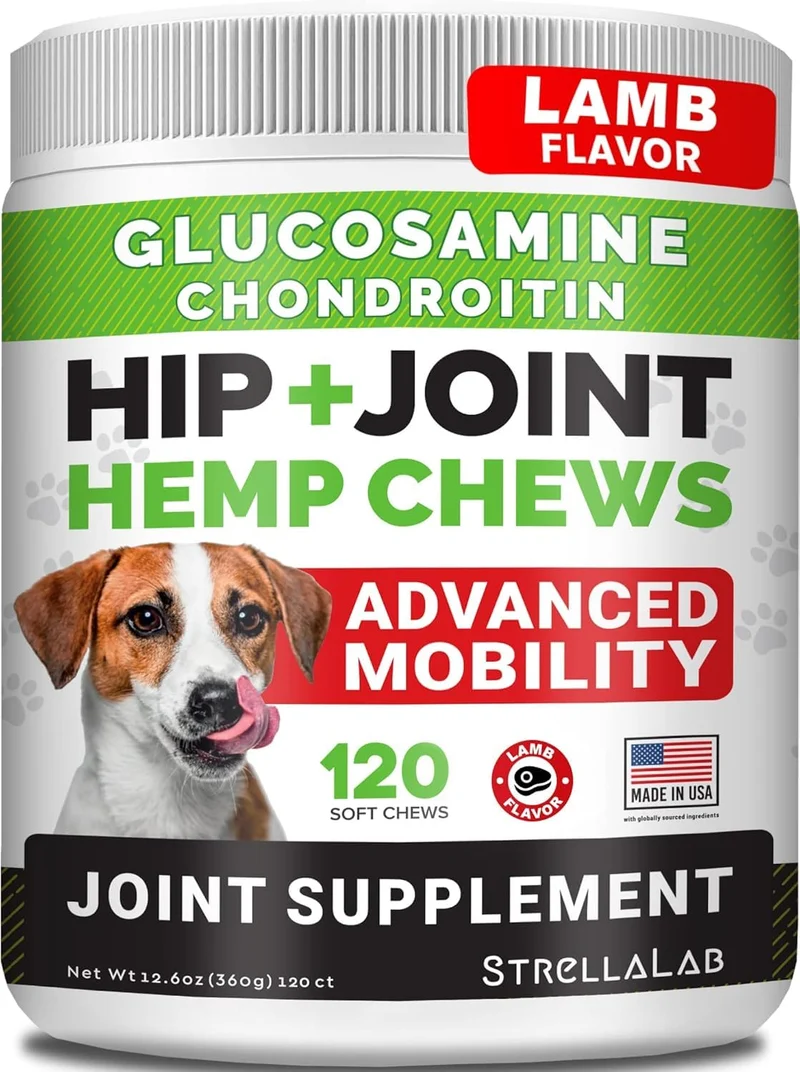 STRELLALAB Gomme articulations chien chanvre glucosamine – Saveur agneau, fabriqué aux États‑Unis
