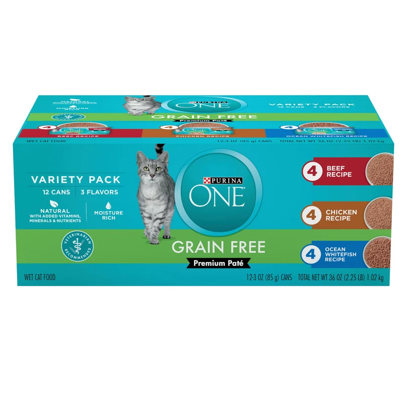 Purina ONE Pâté Sans Céréales pour Chat — Variété Boeuf, Poulet et Poisson Blanc Océan – 2 Packs de 12 x 3 oz