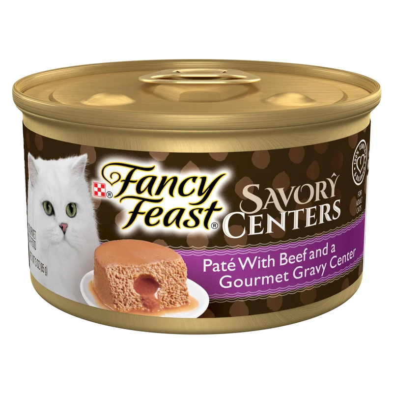 Purina Fancy Feast Savory Centers — Pâté humide pour chat au boeuf avec centre de sauce gourmet, lot de 24 boîtes de 3 onces