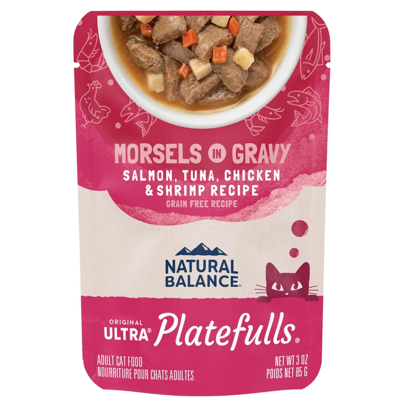 Natural Balance Original Ultra Platefulls Indoor — Nourriture humide sans céréales pour chat adulte (saumon, thon, poulet et crevettes), sachet 85 g, lot de 24