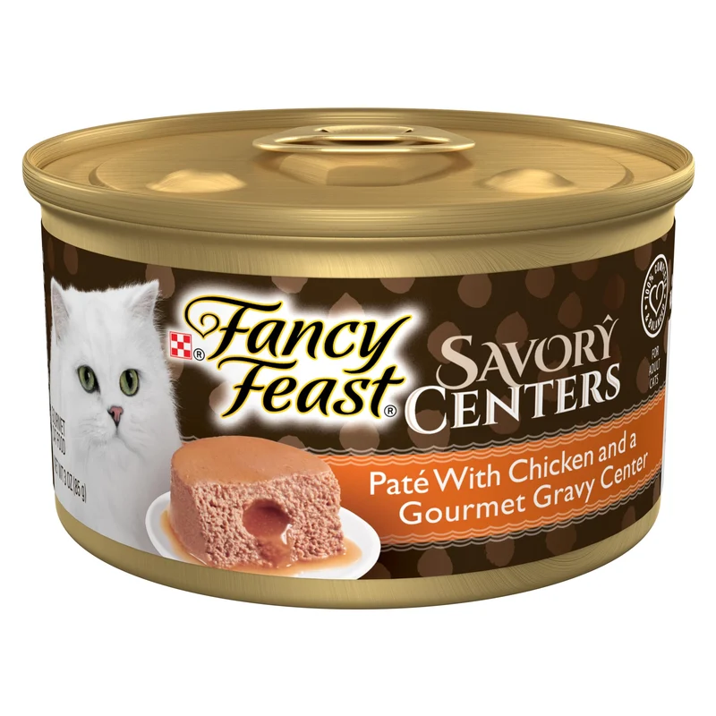 Fancy Feast Savory Centers – Paté pour chat avec poulet et centre de jus, boîte de 24 × 3 oz