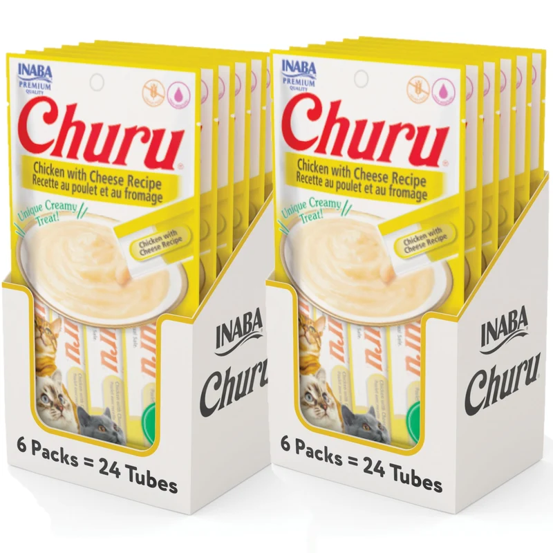 INABA Churu – Purée à lécher Poulet et Fromage pour Chat, Friandise sans céréales, 0,5 oz par tube, Pack de 48 tubes (4 par pack)