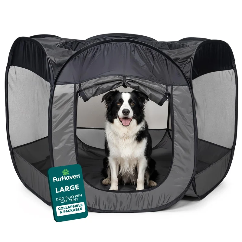 FurHaven Parc Portable pour Chiens et Chats – Aire de Jeu Pliable, Maillage 360°, Gris