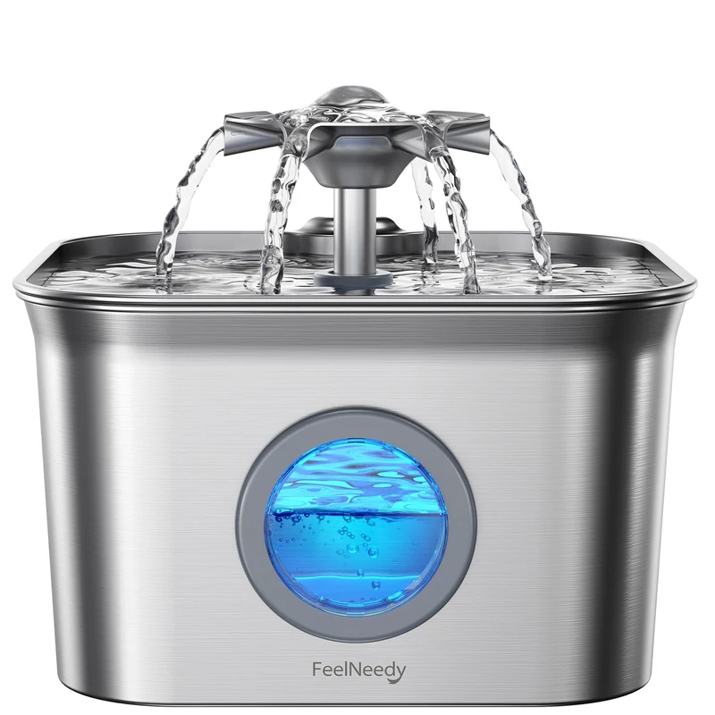 FEELNEEDY Fontaine pour chat en acier inoxydable 2,8 L — pompe silencieuse 20 dB et fenêtre LED