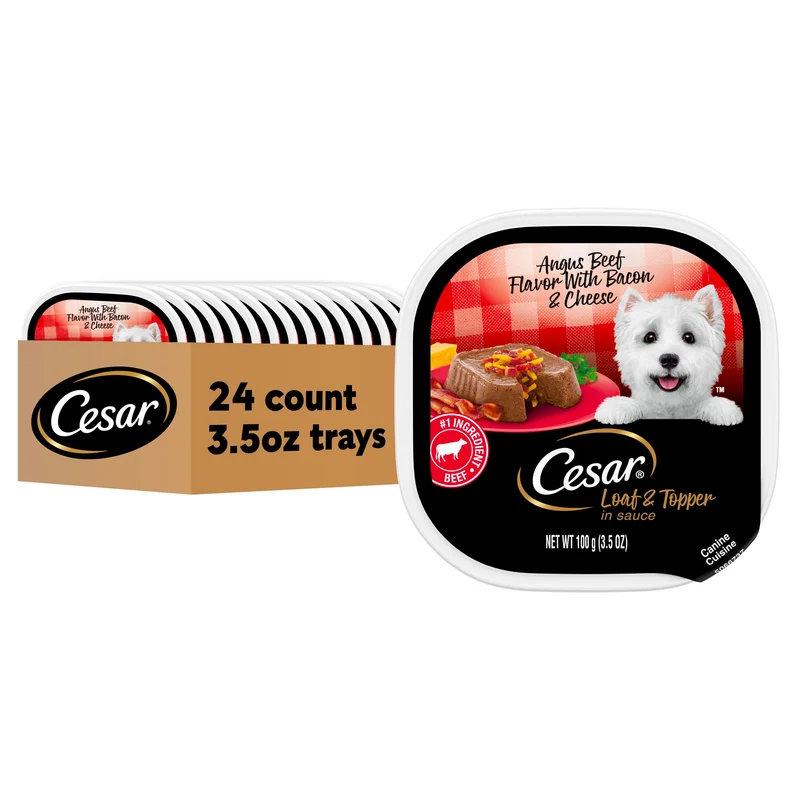 Cesar Patee humide pour chien – Angus boeuf avec bacon et fromage, 3,5 oz, 24 portions