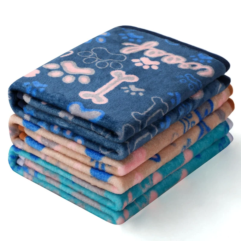Luciphia – Pack de 3 couvertures en velours double-face pour chiens et chats – Grand 104 x 78 cm (khaki / bleu / bleu marine)
