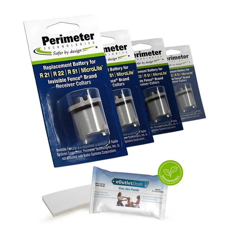 Perimeter Technologies Pile pour Collier Invisible Fence — Compatible R21/R22/R51/Microlite + Serviette Animaux (4 Pack)