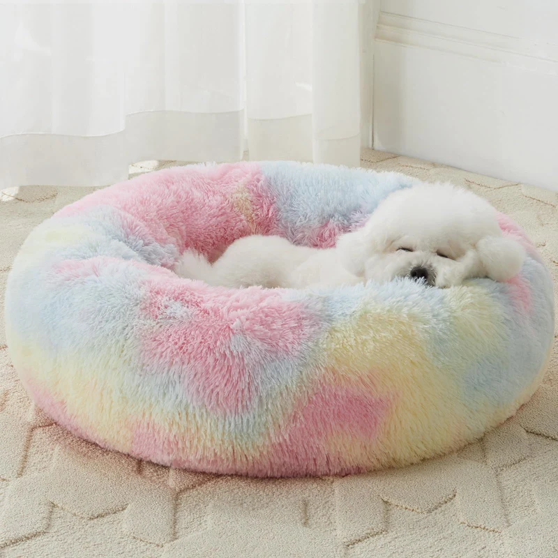 WNPETHOME Lit Donut Doux – Auto-Chauffant en Fausse Fourrure pour Chiens et Chats (arc-en-ciel, 24x24x8 po)