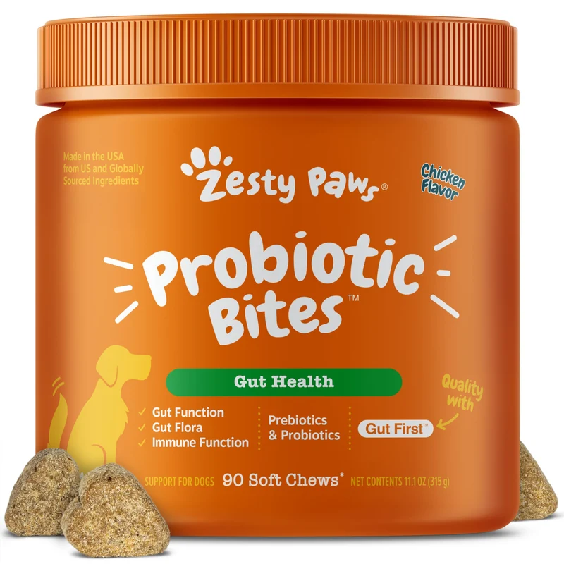 Zesty Paws Probiotiques pour Chiens – Bouchées Molles Digestives avec DE111, Saveur Poulet, 90 Bouchées