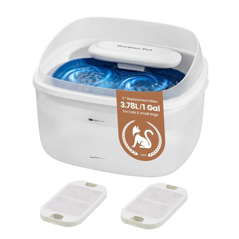 Gardner Pet Fontaine pour chat 3,78 L (1 galon) – Vortex, Silencieuse, Filtre Maifan, Réservoir Transparent