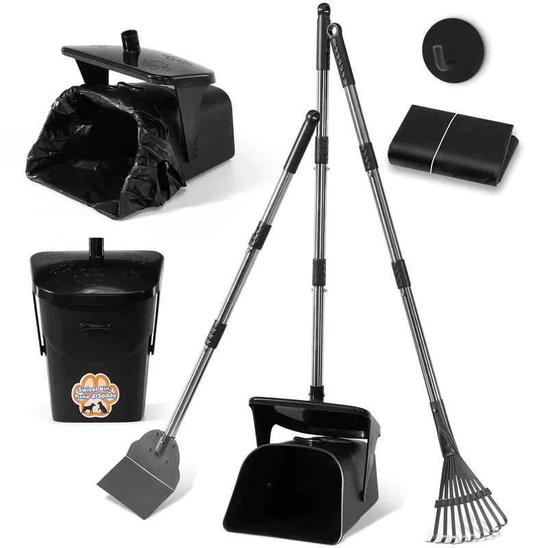 Ulugt Ramasse-Crotte en Acier Inoxydable 40'' — Bac Pivotant Anti-Odeur, Râteau et Pelle + 20 Sacs