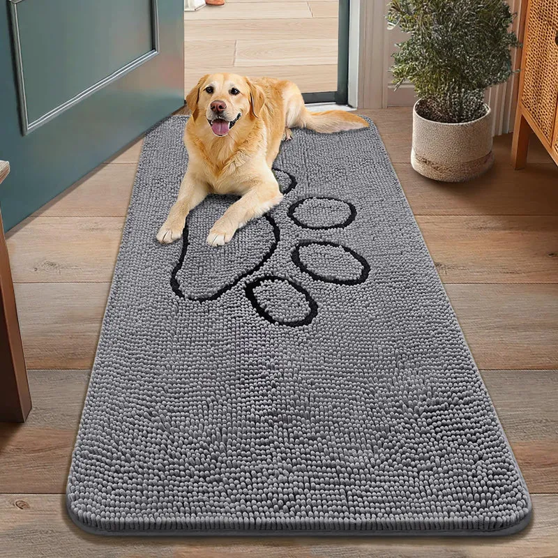 Smiry Tapis de Porte Chenille pour Chiens – Absorbant, Antiderapant et Lavable (48x30 pouces, Gris et Noir)
