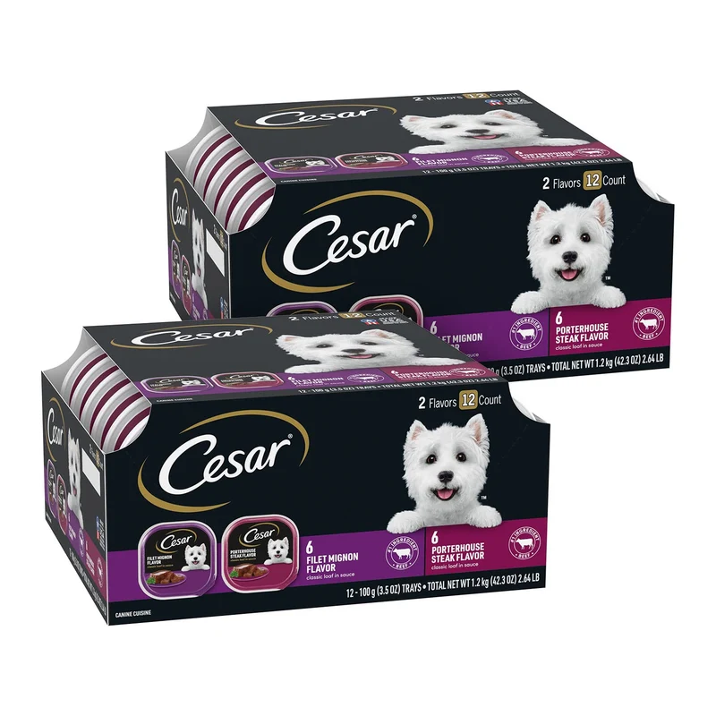 Cesar Loaf Classique en Sauce – Saveurs Filet Mignon et Côte de Boeuf, 3,5 oz, Plateaux à déplier faciles, Pack de 2 × 12 portions (24 portions)