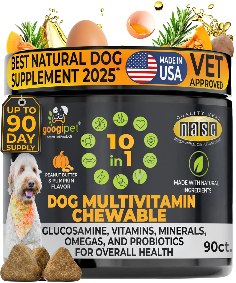 Googipet Premium Multivitamines pour Chiens – Probiotiques, Glucosamine et Saveur Beurre de Cacahuète Potiron
