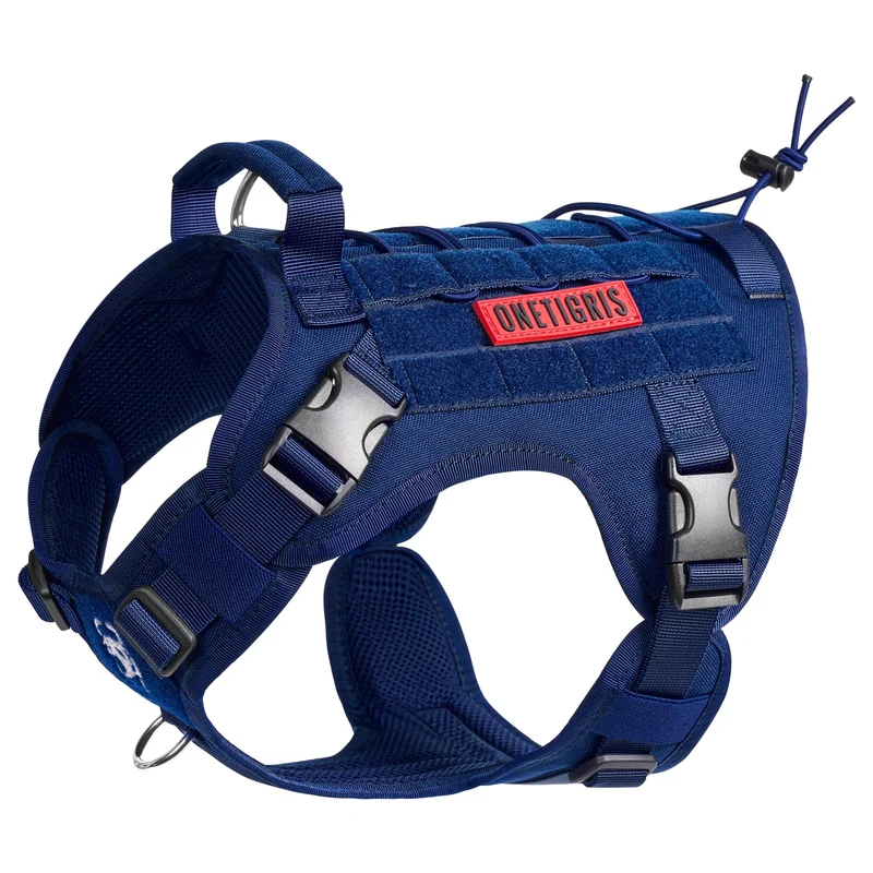 OneTigris Harnais Chien Tactique Bleu M – Sans Traction, Réglable, MOLLE