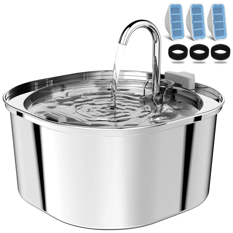 PEKTACO Fontaine d'eau pour chats et chiens – 3,2 L, acier inox, filtration triple, pompe silencieuse
