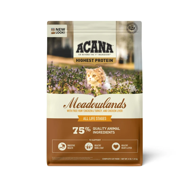 ACANA Meadowlands – Croquettes sans céréales pour chats (Poulet, Dinde, Poisson et Foie de Poulet) – Sac de 4 lb