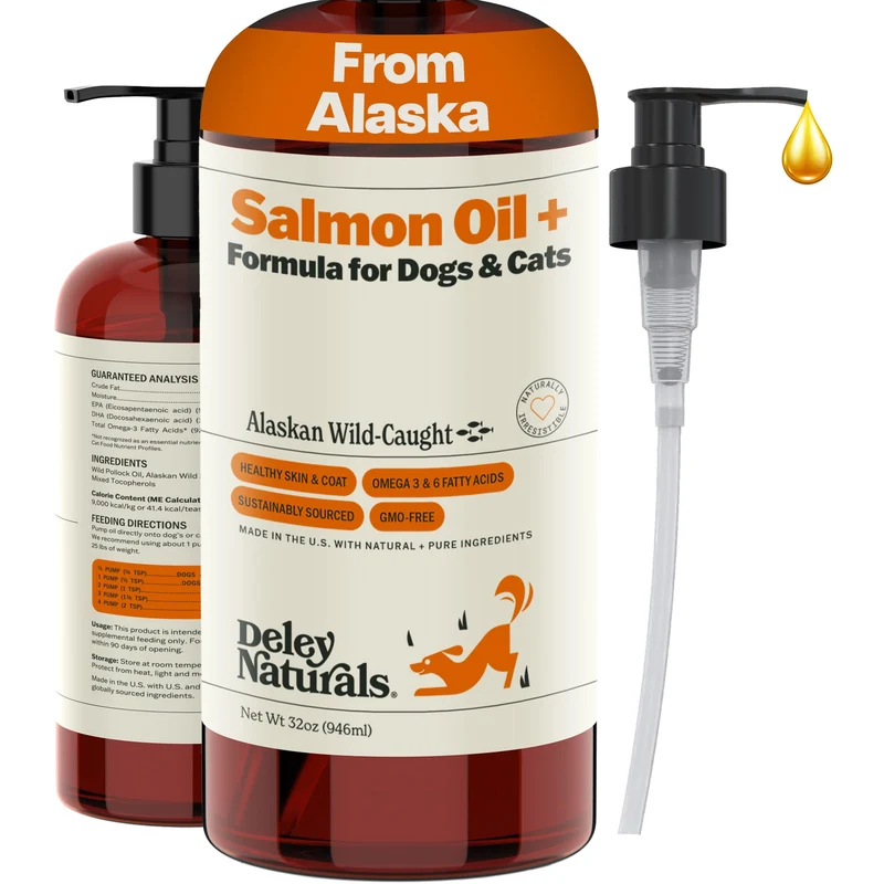 Deley Naturals – Huile de Saumon Sauvage d’Alaska pour Chiens et Chats – Nouvelle Formule Améliorée – Oméga-3, DHA et EPA – Peau et Pelage Sains – 32 oz – Fabriqué aux États-Unis