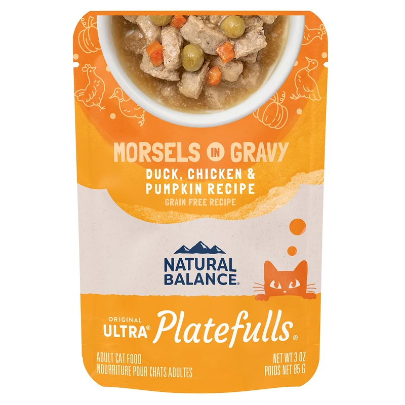 Natural Balance Original Platefulls Indoor — Pâtée humide sans céréales pour chat adulte intérieur (canard, poulet & potiron), sachet 3oz — Lot de 24