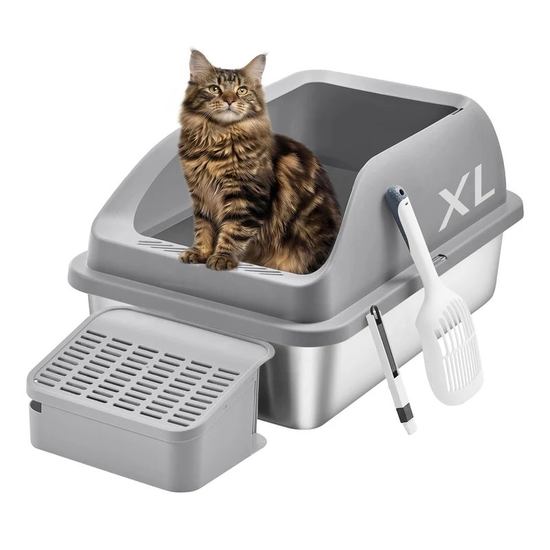 Feandrea Bac à Litière pour Chat en Acier Inoxydable — Ouvert, Côtés Hauts, Marche, Pelle et Brosse, jusqu’à 15 kg — Gris Colombe UPPT008GN01