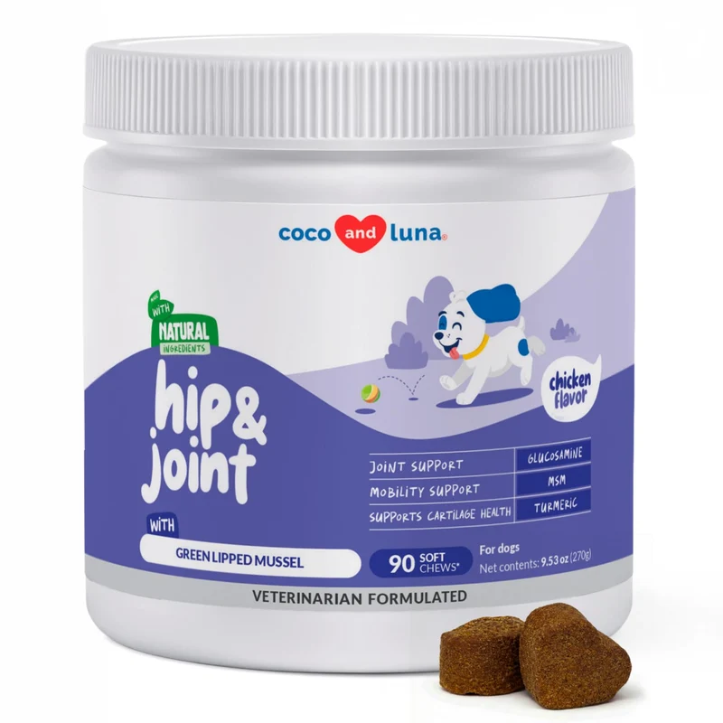Supplément Hanches et Articulations pour Chiens – Coco et Luna | Collagène, Glucosamine, Huile de Poisson, Moules Vertes
