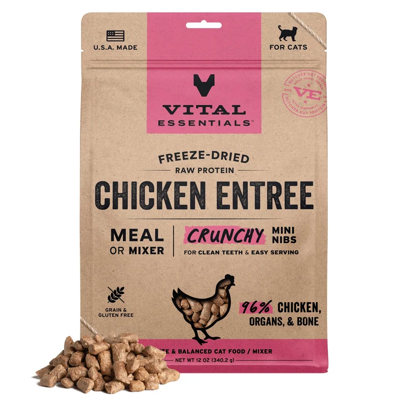 Vital Essentials Nourriture pour chat lyophilisée au poulet cru – Mini bouchées croustillantes | Repas complet ou topping | 96% poulet, organes et os | Ingrédients limités, protéine élevée, sans céréales | Sachet 340 g